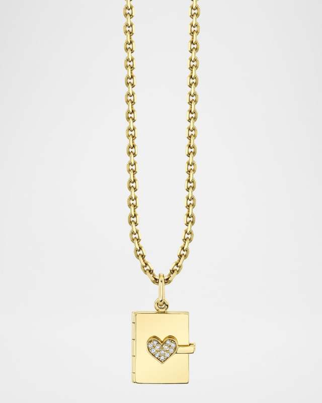14K Yellow Gold Heart Book Locket on Blecher Chain Necklace